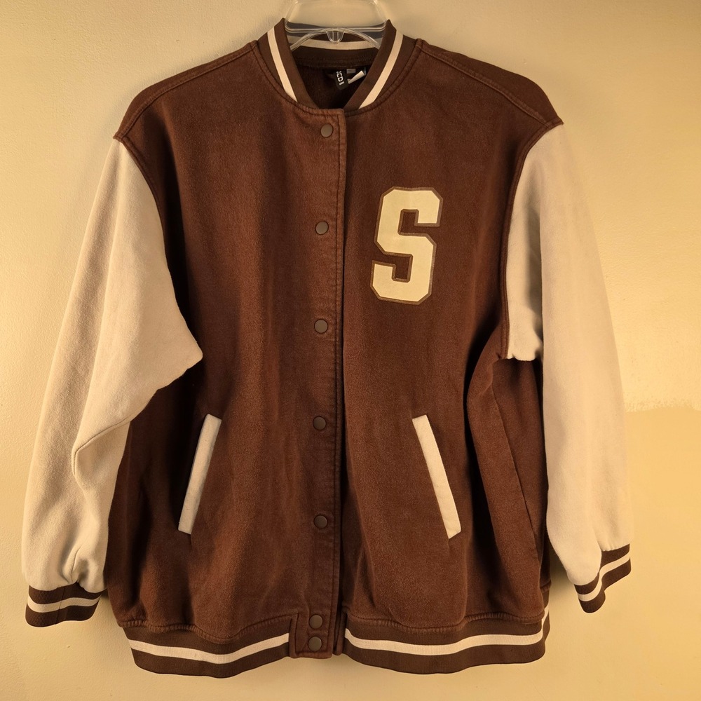 H&M Divided Mens Brown Seattle Varsity Letterman Bomber Jacket Medium Fleece
